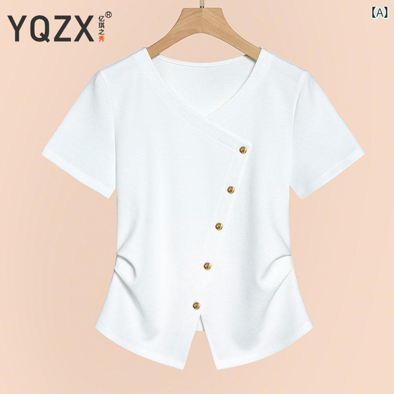 Tシャツ レディース 夏 白 Vネック 短袖 ウエストシェイプ カジュアル トップス 軽量 綿素材 普段使い 個性的 シルエット