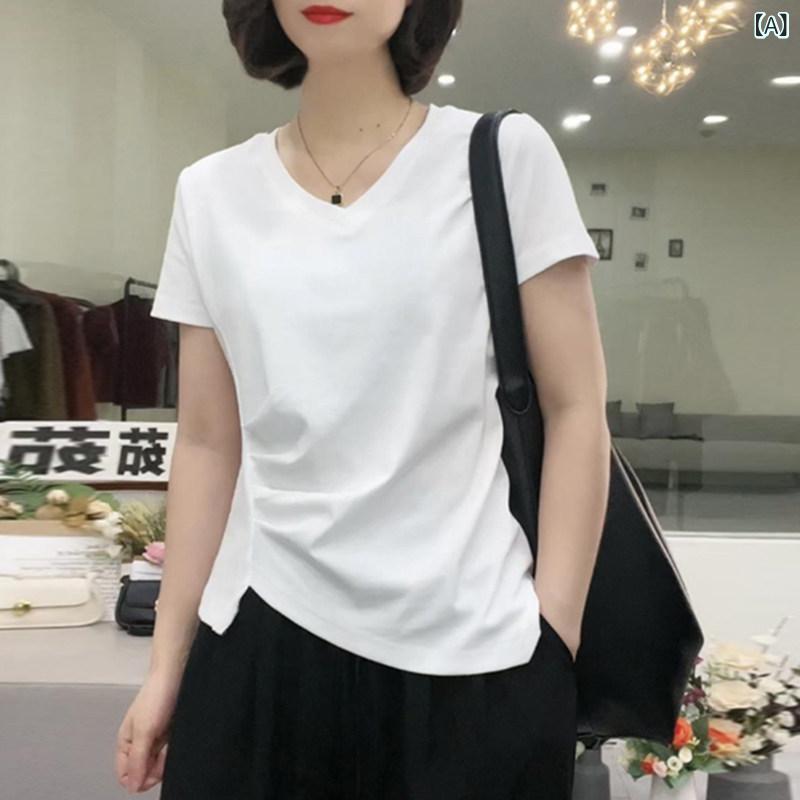 レディース トップス 白 短袖 Vネック アシンメトリー 薄手 夏用 ゆったり 大きめサイズ カジュアル 体型カバー 軽量 涼しい 普段使い