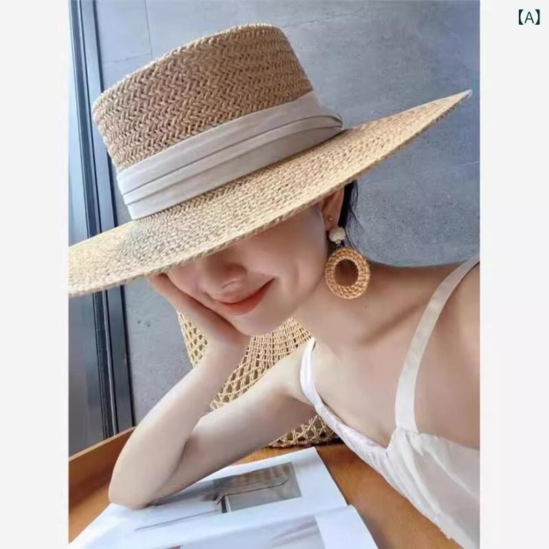 麦わら帽子 女性用 夏用 日よけ UVカット ビーチ リゾート フランス風 英国風 レトロ フラットトップ 草編み 軽量 通気性 素材 ハット キャップ 遮陽 防晒 度假 英伦 復古 平頂