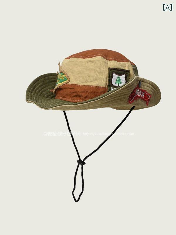 バケットハット ユニセックス レトロ パッチ ストリート スタイル 登山 ハイキング アウトドア キャンプ ウェスタン カウボーイ カジュアル 日常使い 通気性 軽量