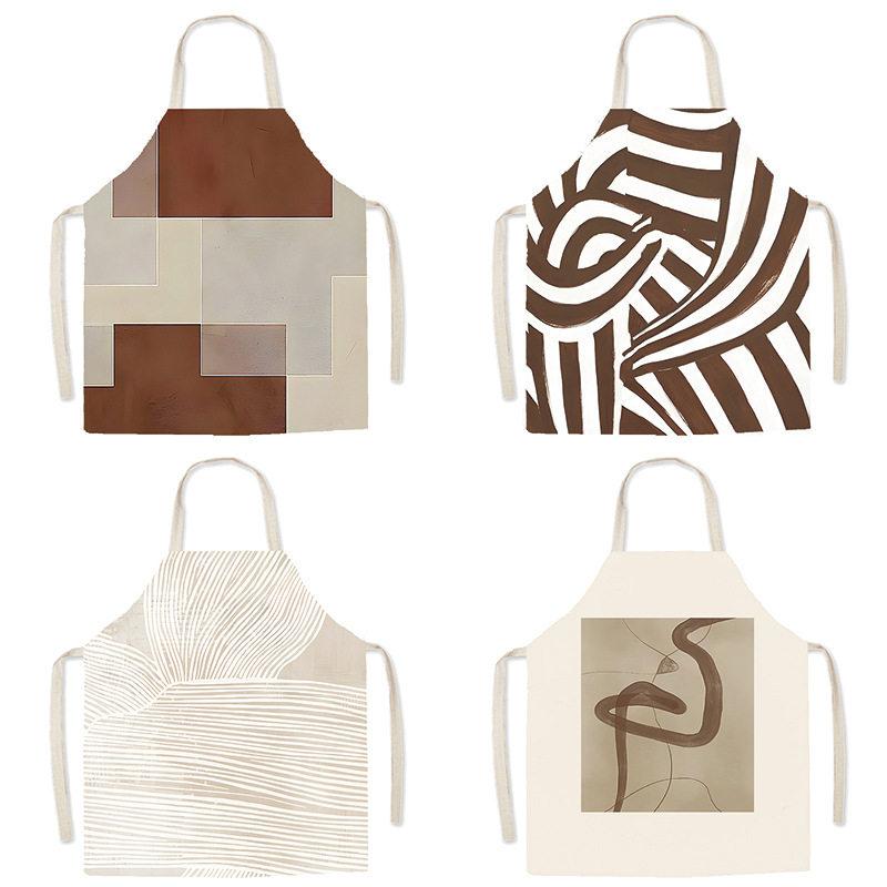 Gingham Aprons - エプロン 男女用 親子用 北欧 シンプル 綿麻 無袖 家庭用 キッチン 料理 ミルクティー 腰巻き アトリエ 汚れ防止 保護 囲裙 軽量 吸湿速乾