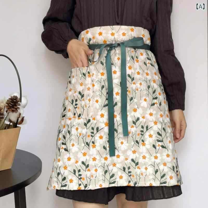 エプロン 女性用 防水 半身 キッチン 家用 デイジー 刺繍 綿麻 素材 ファッション シンプル 日常使い 軽量 快適・カテゴリ: 家事清掃・スタイル: シンプル・機能: 防汚・サイズ展開: 均一・要素: 小清新・カラー展開: 杏色.黒色.浅緑色・エプロンタイプ: 無袖半身・対象: 一般