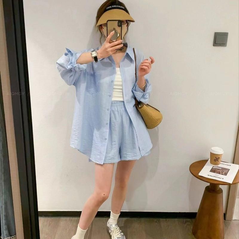 春夏 女性用 防晒服 2点セット 薄手 長袖 透気性 接触冷感 綿混 シャツ ショートパンツ ファッション セット アウトドア 通勤 普段使い 軽量 伸縮性 吸湿速乾 ブラック ピンク系 アイボリー