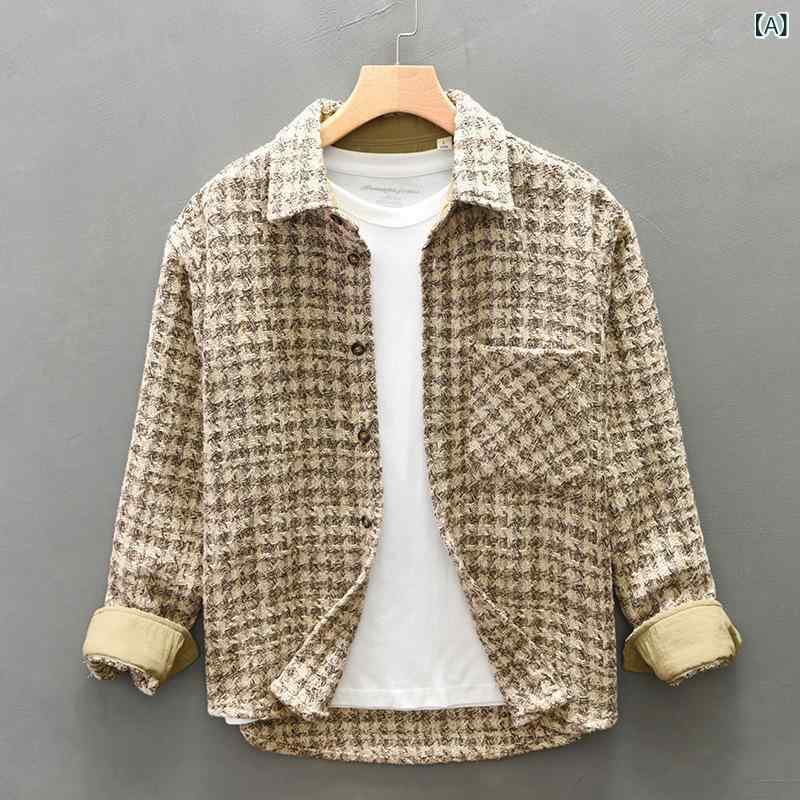 メンズ 秋冬 長袖 シャツ トップス 千鳥格 チェック柄 復古 ヴィンテージ レザー風 加工 クラシック 学院風 プリースタイル ビジネスカジュアル 普段使い コットン混 ポリエステル 素材 軽量 通気性 良い スタンダード フィット ブラック グレー riverpaddy-11047941 リバーパディ サンプル画像2