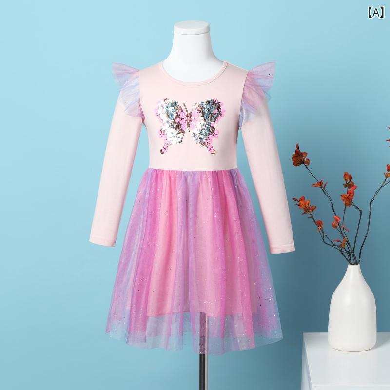 ワンピース 女の子 子供服 長袖 蝶々 刺繍 ビーズ スパンコール チュール レース ...