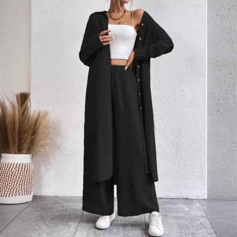 秋冬 レディース 長袖 セットアップ ロングシャツ ワイドパンツ セット 綿混 伸縮性 通勤 普段使い ビッグシルエット ブラック グレー ベージュ 軽量 快適 コーディネート
