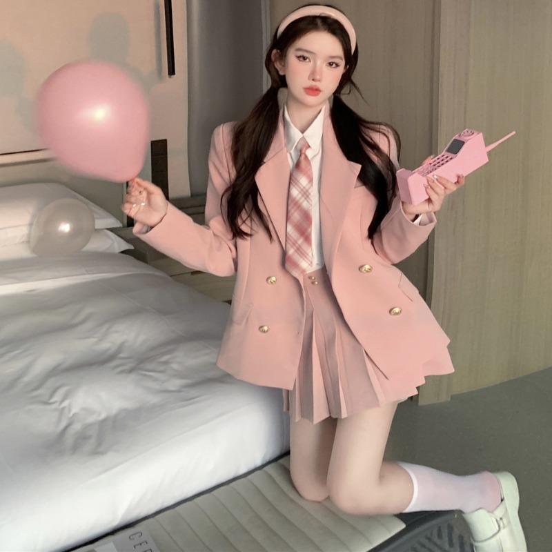セットアップ レディース JK制服 学院 スーツ ジャケット プリーツスカート シャツ 3点セット 清楚系 かわいい ゆったり 体型カバー 着痩せ 長袖 襟付き ボタン留め 無地 シンプル カジュアル スタイルアップ 伸縮性 お出かけ用 通学用 通勤用