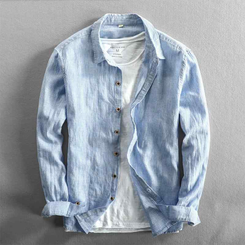 Long-Sleeve （Shape Holding） - 秋冬 メンズ 長袖 シャツ トップス 柔軟 条紋 柄 ゆったり シルエット カジュアル 普段使い 綿混 素材 深み ネイビー 秋冬 レイヤード コーディネート 軽量 吸湿性 ゆったり フィット 深み カラー