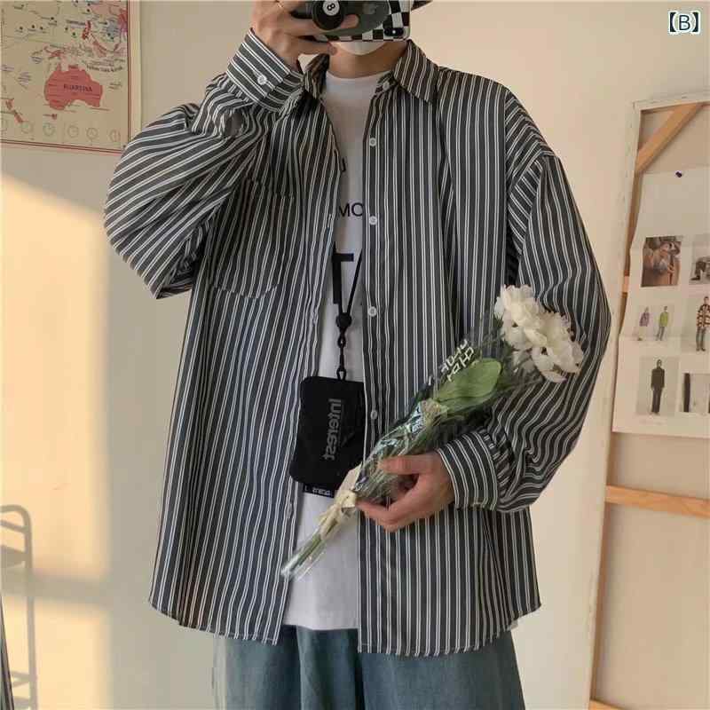 メンズ 長袖 シャツ トップス 縦ストライプ ブルー 韓国 ゆったり フィット 日系 スタイル カップル ペア 日常 使い 軽量 綿混 素材 吸湿速乾 機能 春夏 秋 シーズン 対応 ビジネス カジュアル シャツ ブラウス ジ