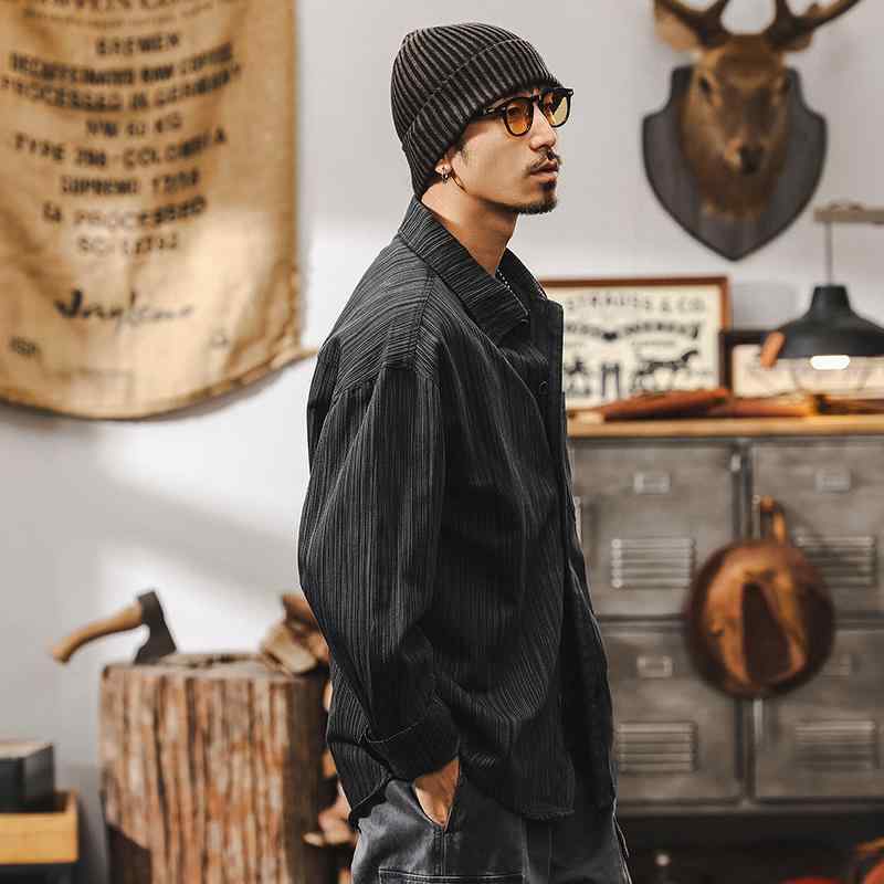 メンズ シャツ トップス 長袖 春夏 竹節柄 高級感 アメリカン レトロ ジャケット 潮牌 ゆったり シルエット コットン 混紡 軽量 通勤 普段使い ビッグシルエット ブラック グレー ベージュ 吸湿速乾 伸縮性