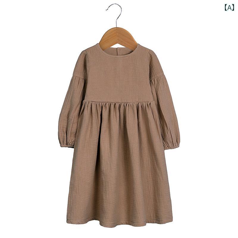 ワンピース キッズ 女の子 カジュアル 長袖 リネン混 綿麻 子供服 ナチュラル 無地...