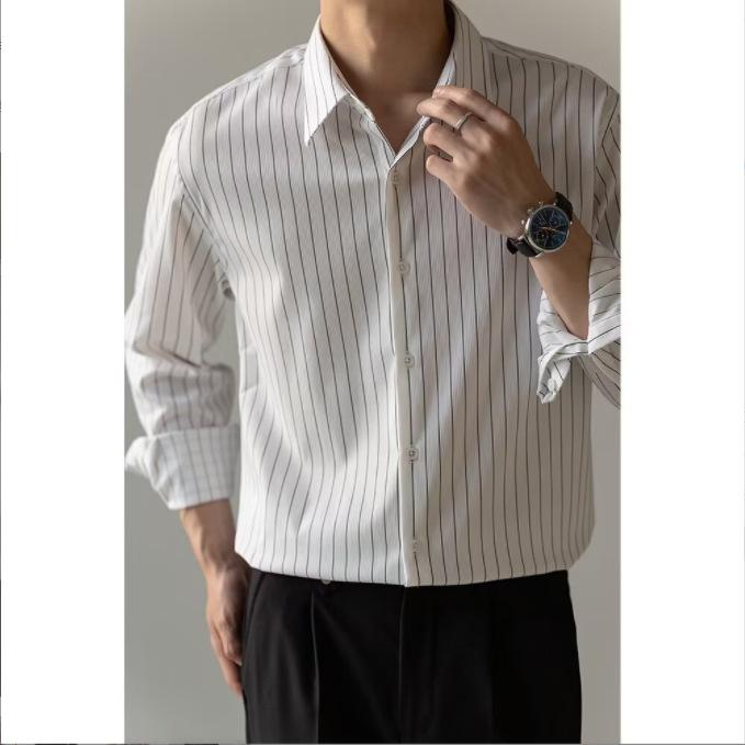 メンズ シャツ トップス 男性用 通勤 普段使い 軽量 綿 デニム 再生繊維 ビッグシルエット Vネック ストライプ 長袖 カジュアル ビジネスカジュアル 春秋 秋冬 ブラック グレー ネイビー シンプル 伸縮性 吸湿速乾 軽熟