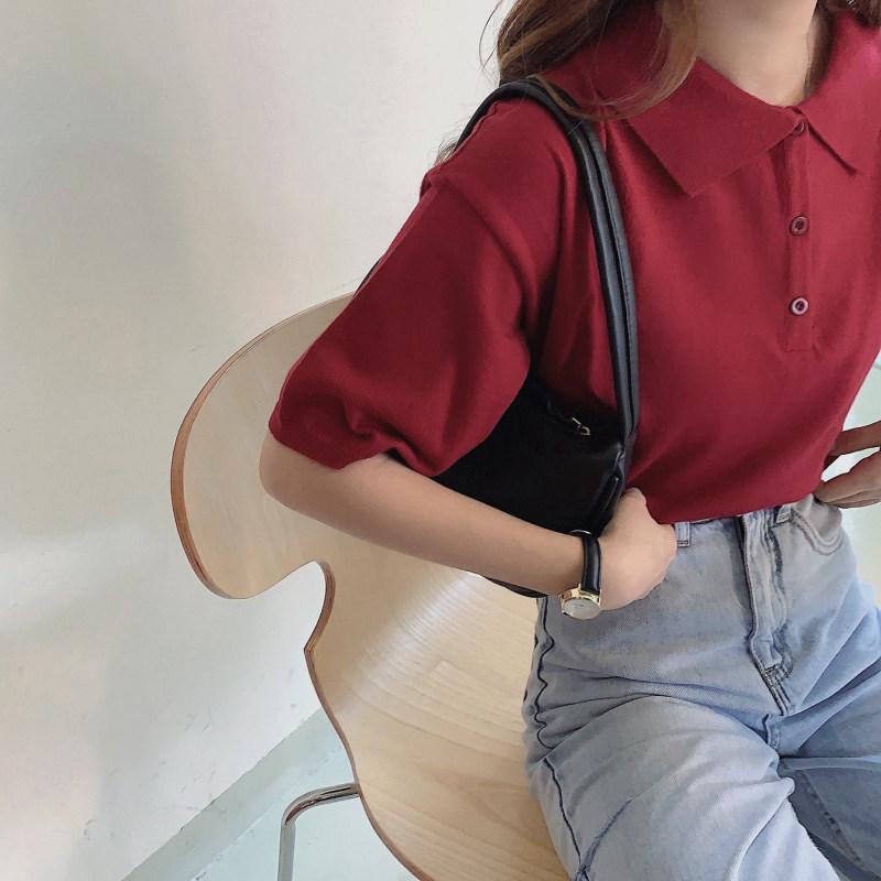 Other - レディース 短袖 ポロカラ Tシャツ ワインレッド ニット 夏用 スリム 細見え レトロ 薄手 接触冷感 トップス 吸湿速乾 軽量 コットン混 普段使い