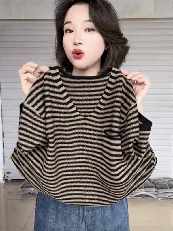 レディース 夏 Vネック ストライプ ニット 短袖 Tシャツ ゆったり ビッグシルエット お腹カバー インナー トップス ベーシック 普段使い 吸湿速乾