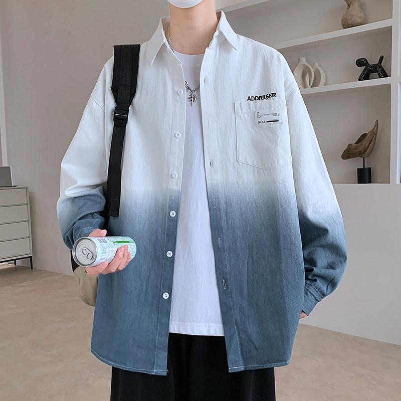 樂天商城 - 長袖シャツ 男性用 綿素材 グラデーション柄 ゆったりシルエット 春秋 ティーン ワークウェア カジュアルスタイル クール トップス アウター