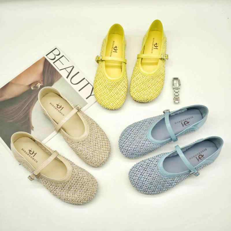 Ballet Shoes - メアリージェーンシューズ レディース 夏用 ラインストーン メッシュ 通気性 フラット フランス風 エレガント バレエ 軽量 女性用 フラットシューズ ピンク系 アイボリー 普段使い 伸縮性 吸湿速乾