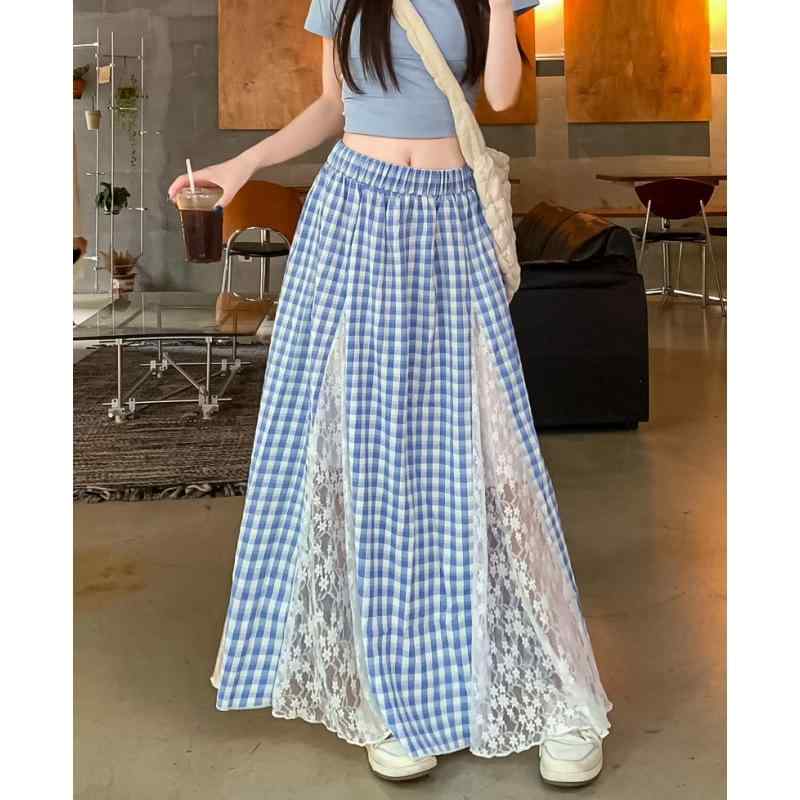 スカート 女性用 レース 花柄 デザイン 半身スカート 大きいサイズ 体型カバー ビビッドブルー チェック柄 中長丈 Aライン フレア 軽量 伸縮性 綿混 春夏 普段使い 通勤 かわいい