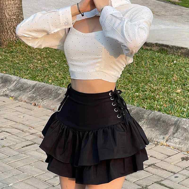 スカート 女性用 ゴシック風 ダークカラー サイドタイ ウエストバンド 個性的 ファッション 百搭 ミディ丈 コットン混 伸縮性 普段使い 秋冬 カジュアルスタイル
