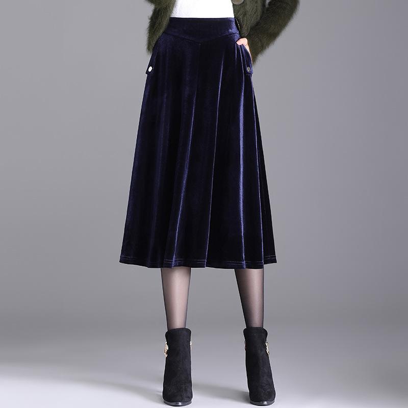 乐天商城 - スカート 女性用 秋冬 ミモレ丈 プリーツ Aライン フレア 大きめ ゆったり ビッグサイズ ロング丈 コットン混 暖かみ 厚手 ベロア調 プリーツ加工 膝下丈 ロングスカート プリーツスカート フレアスカート ゆったりスカート 暖かスカート 厚手スカー