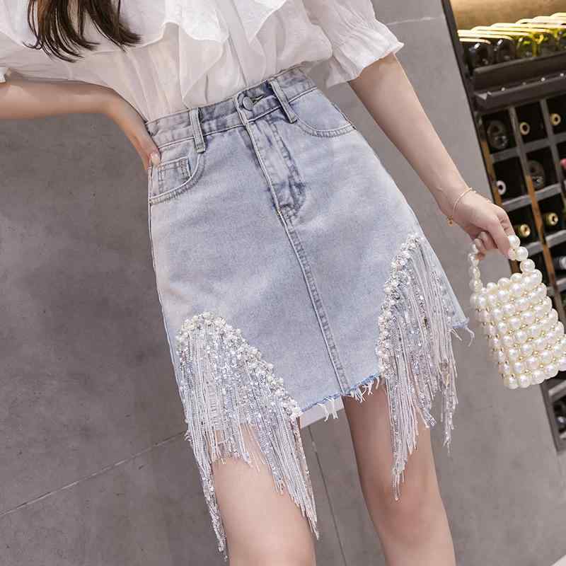 デニムスカート 女性用 夏 接触冷感 牛仔素材 膝丈 ワイドシルエット スリム効果 Aライン 短め キラキラ ビーズ刺繍 ジルコニア装飾 流すフリンジ 軽量 伸縮性 吸湿速乾 ハイウエスト カジュアル 普段使い
