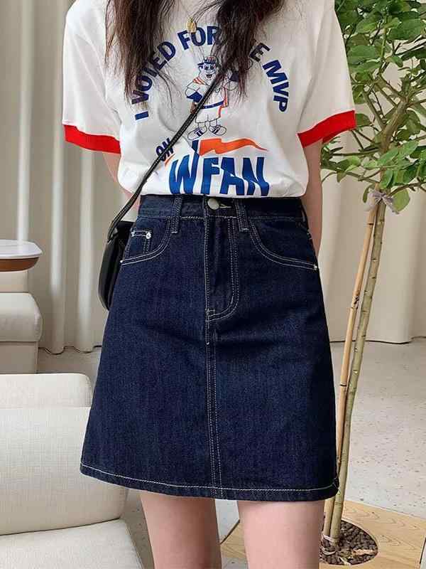 スカート 女性用 春夏 デニム ショート ハイウエスト Aライン 包臀 薄手 軽量 綿素材 遮肚 スリム ぽっちゃり対応 小柄向け 普段使い 伸縮性 吸湿速乾 通勤 カジュアル