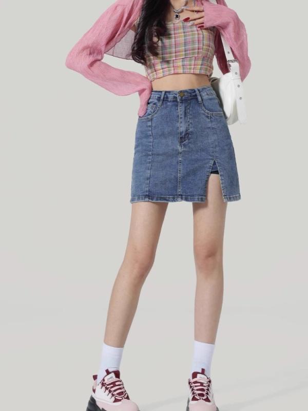 Rakuten - スカート 女性用 牛仔 デニム 半身スカート ミニスカート 包臀スカート ハイウエスト Aライン スリムフィット セクシー スリット 春夏 軽量 伸縮性 普段使い 通勤用 カジュアルスタイル ブラック ブルー系 アイボリー