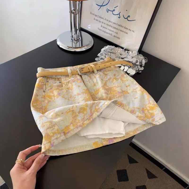 乐天商城 - スカート 女性用 春夏 黄色 デニム ミニスカート Aライン ハイウエスト 包み込み ショート丈 スリム効果 軽量 伸縮性 吸湿速乾 普段使い 通勤用 カジュアルスタイル 再生繊維 ビッグシルエット ピンク系 アイボリー