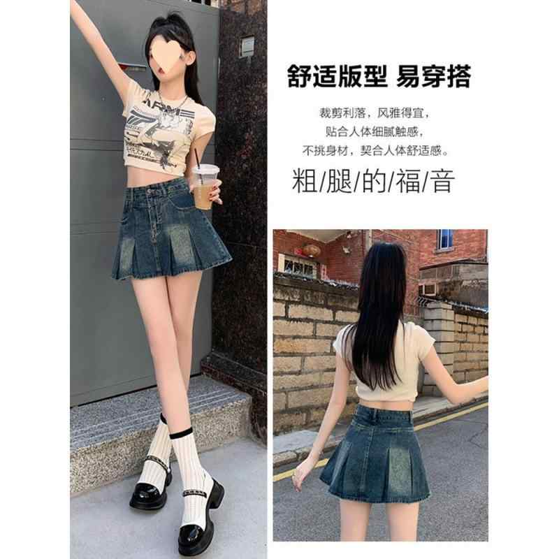 及膝半長 - スカート 女性用 夏 春夏 デニム プリーツスカート ビンテージ ショートスカート ハイウエスト スリムライン 膝丈 軽量 吸湿速乾 普段使い コーデュロイ調 ブルー系