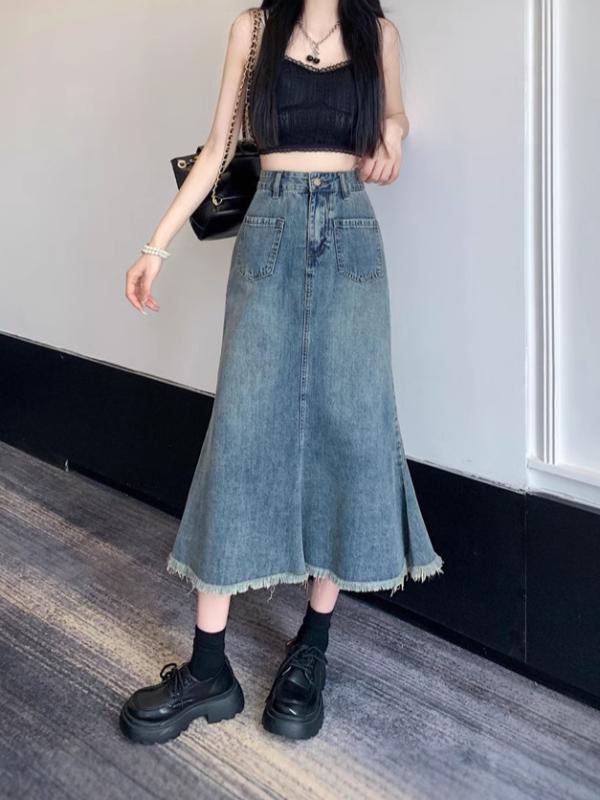 樂天商城 - スカート 女性用 夏用 デニム 梨型体型 スリム ヒップカバー 中長丈 ボリュームヘム 包臀 フィッシュテール フレア ヴィンテージ スタイル 切り替え 伸縮性 コットン 混紡 軽量 普段使い カジュアル ファッション