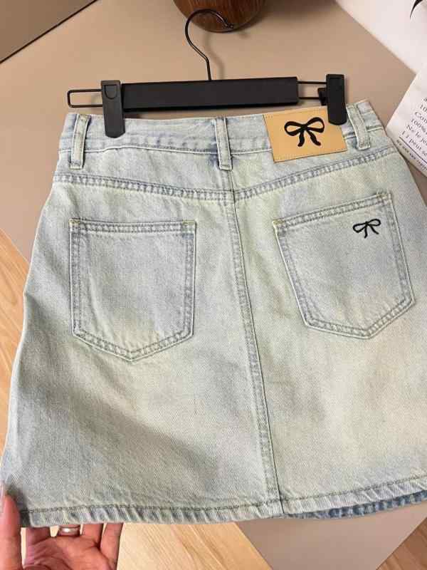 及膝半長 - スカート 女性用 春夏 デニム 半身スカート 高腰 短め Aライン 蝶結び 刺繍 デザイン スリム 軽量 伸縮性 吸湿速乾 カジュアル 普段使い ブルー系