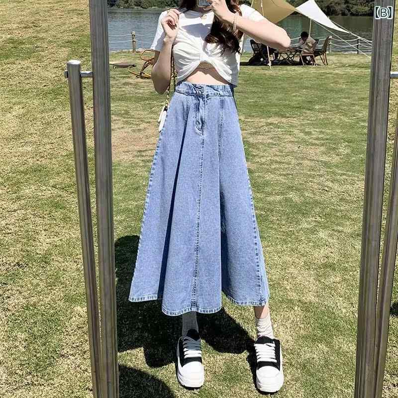 スカート 女性用 中長丈 秋冬 大きいサイズ 高腰 スリム ゆったり 伸縮性 ウエスト フレア プリーツ Aライン コットン デニム 普段使い 秋 ダークカラー 軽量 ラウンドシルエット ハイウエスト ワイドフィット