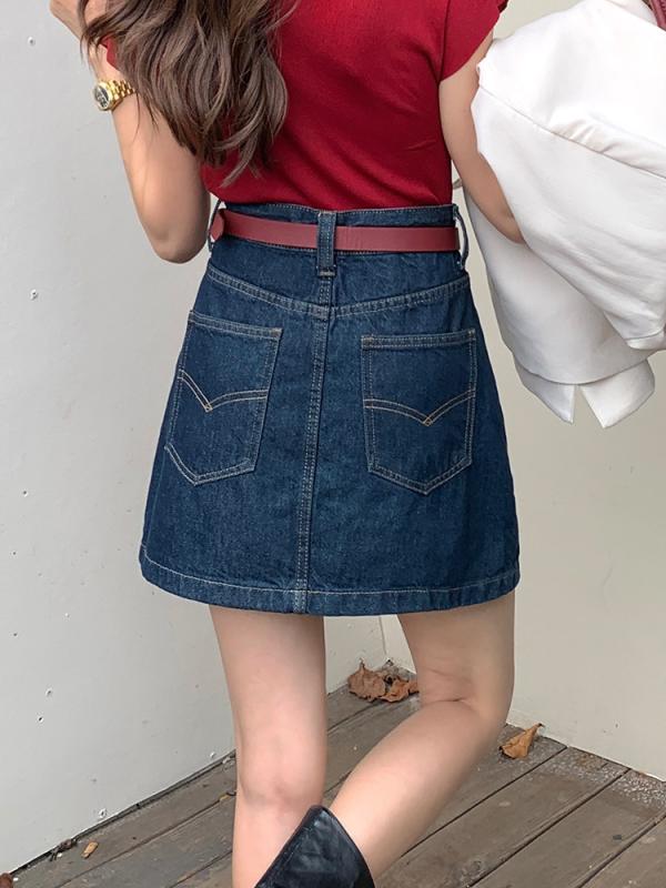 樂天商城 - スカート 女性用 韓国 復古 デニム ショート丈 ハイウエスト 細身 スリム Aライン 包臀 ブルー系 コットン 伸縮性 普段使い カジュアル 軽量