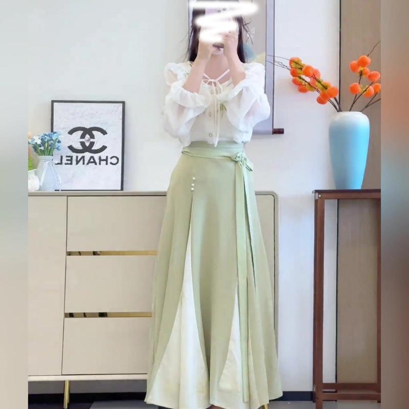 レディース ブラウス スカート セットアップ 竹葉 花柄 プリント フリル 袖 切り替え フレア スリーブ リボン カジュアル ミディ 丈 普段使い 軽量 素材