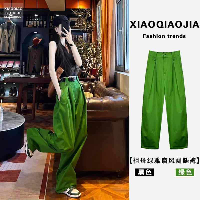 Cropped Pants - レディース ワイドパンツ ハイウエスト グリーン 夏用 薄手 ストレートレッグ ワークスタイル 小柄対応 カーゴポケット アウトドア カジュアル 軽量 伸縮性