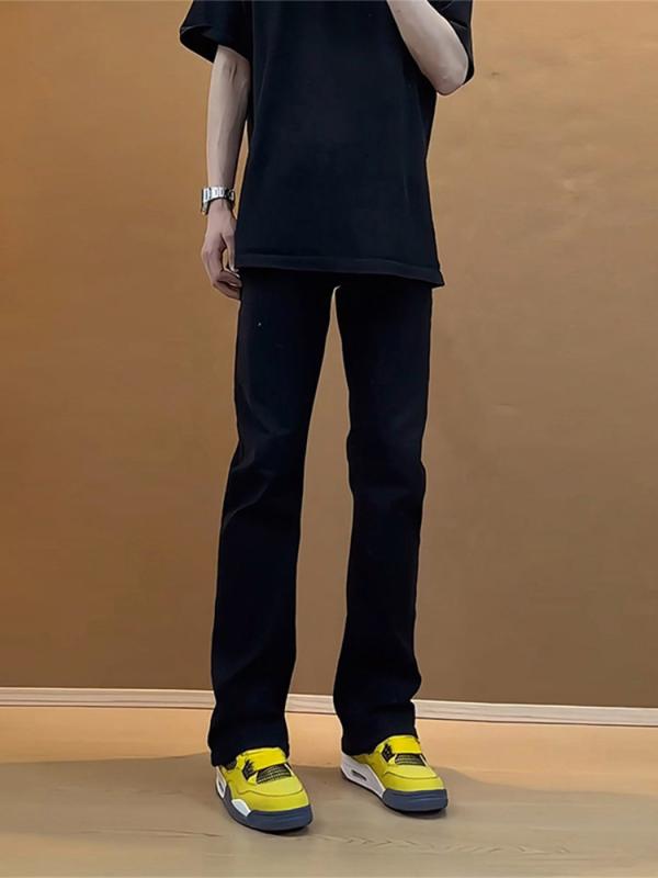 メンズ デニムパンツ ブラック ハイウエスト スリムフィット 微フレア レッグ 秋冬 ストリートスタイル カジュアル デニム素材 伸縮性 普段使い