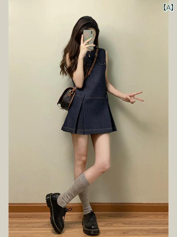 ワンピース レディース 夏 無袖 キャミソール デニム レトロ Aライン ゆったり ビッグシルエット 薄手 軽量 スリム見え 短丈 カジュアル デイリー フレンチ スタイル