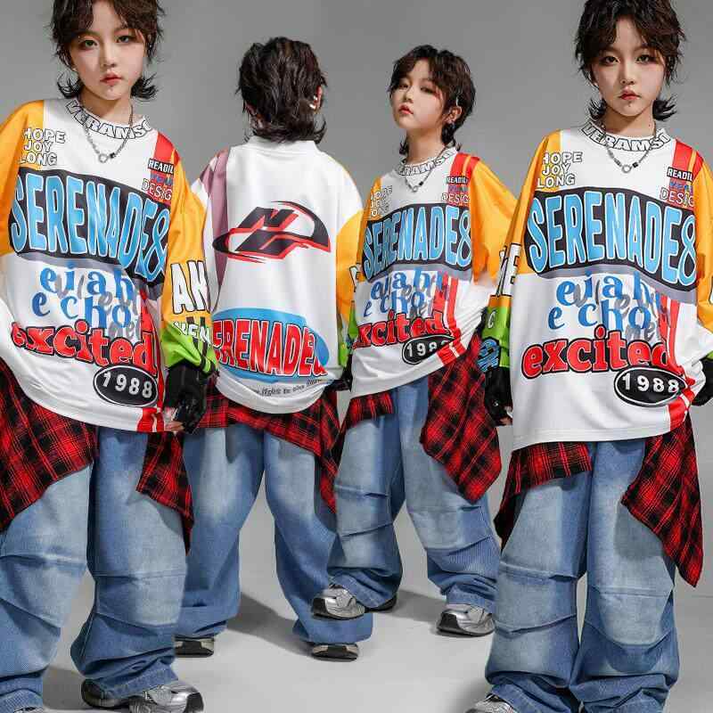 キッズ ヒップホップ ダンス衣装 男の子 女の子 長袖 プリント ストリートスタイル パフォーマンス ウェア 伸縮性 素材 軽量 普段使い ..