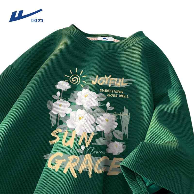 乐天商城 - Tシャツ メンズ 半袖 夏用 ワッフル柄 ゆったり 椿緑 トップス 男性用 カジュアル 普段使い 軽量 吸湿速乾 グリーン系