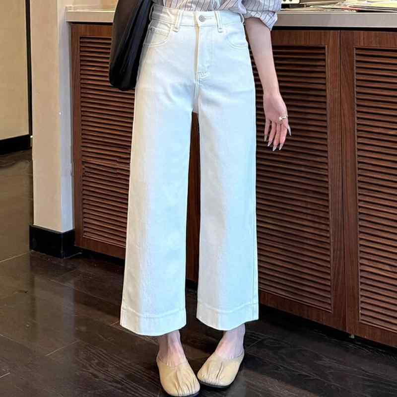 レディース デニムパンツ アイボリー 春夏 4方向ストレッチ ワイドレッグ クロップド丈 ゆったりシルエット スリム効果 小柄対応 ストレート コットン混 脚長見せ カジュアル 普段使い