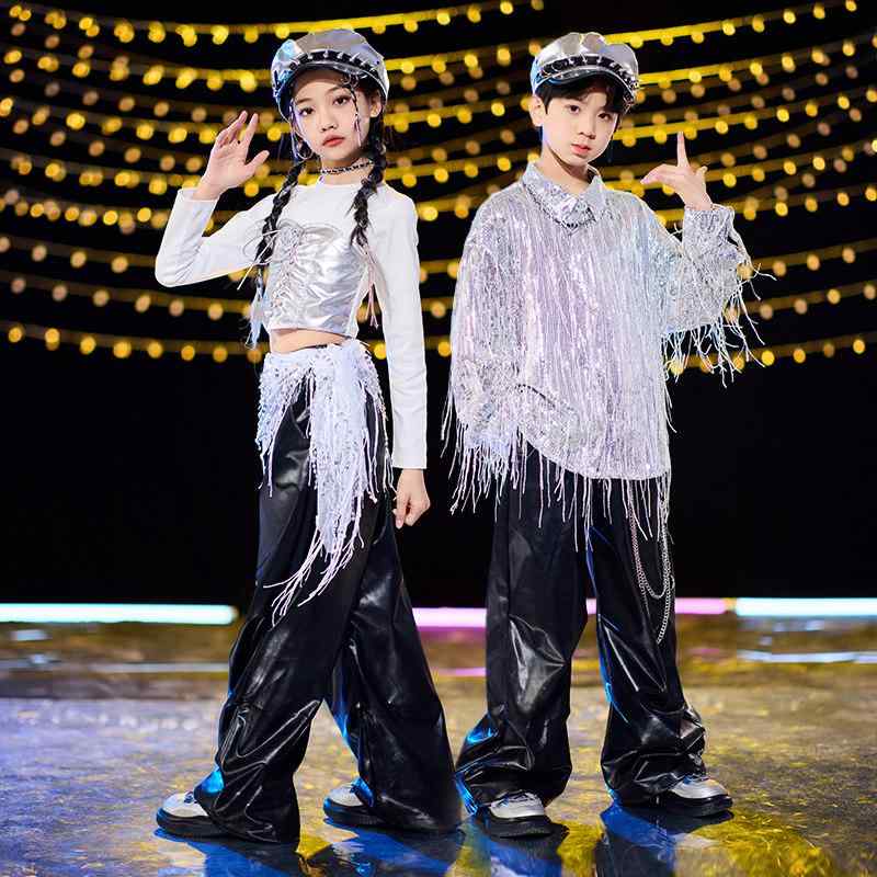 子供 男の子 女の子 ヒップホップ クール ステージ パフォーマンス 衣装 ドラム 演奏用 スパンコール キラキラ セット ダンス ショー 通勤 普段使い 軽量 伸縮性