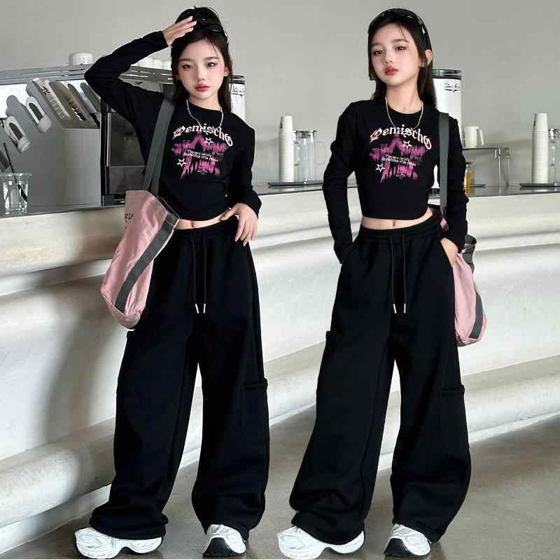 女の子 ダンスウェア ヒップホップ ストリートダンス 秋 練習服 セットアップ 黒 クロップド Tシャツ ジャズダンス パフォーマンス 伸縮性 軽量 吸湿速乾