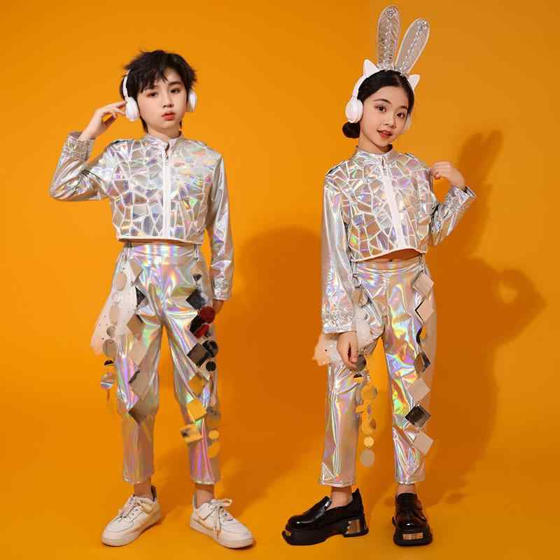 キッズ ダンス 衣装 セット 男の子 女の子 ヒップホップ ジャズ シルバー ストリート ファッション ステージ 演出 潮服 童装 走秀