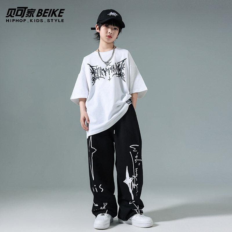 子供 ダンス衣装 ヒップホップ ストリートダンス 夏 セット プリント 半袖 トップス パンツ ユニセックス 吸湿速乾 軽量 伸縮性 かわいい