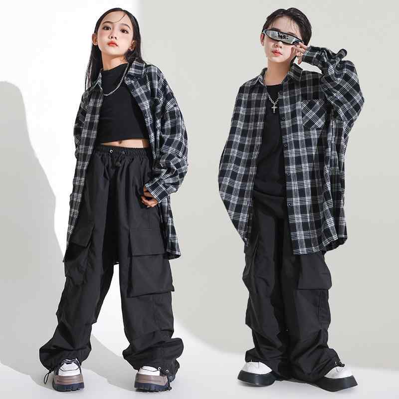 ダンス衣装 キッズ 男の子 女の子 ヒップホップ ジャズ チェック柄 シャツ セット ストリート ファッション 公演用 スタイル カジュアル コーディネート