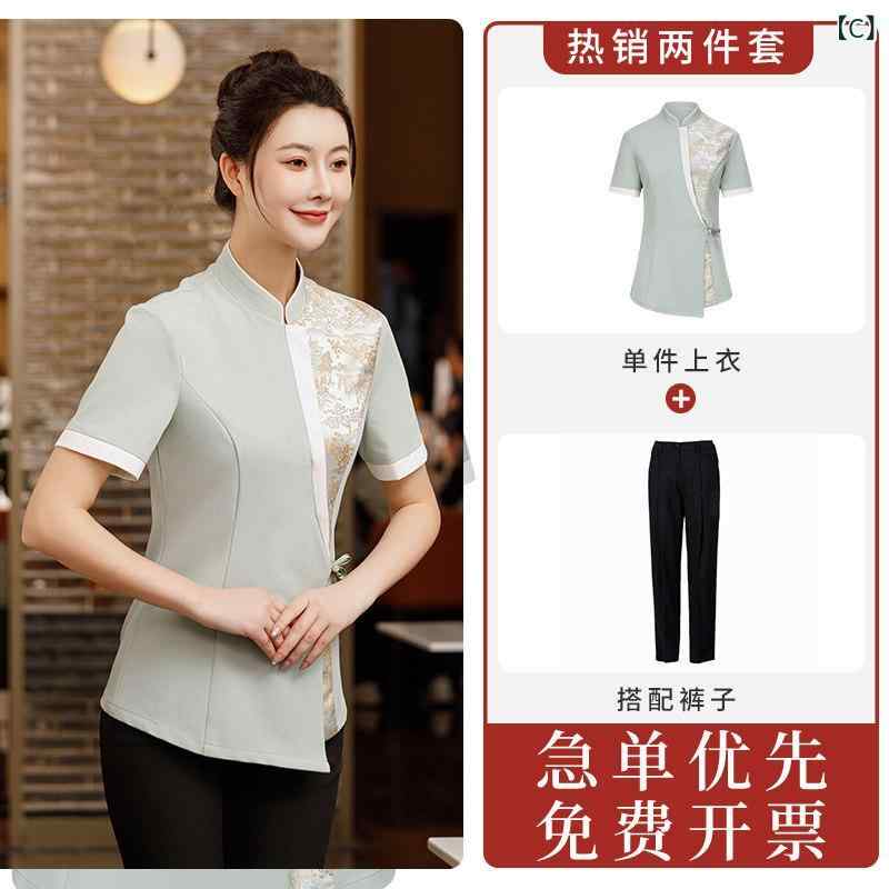 リバーパディの作業服 女性用 短袖 中華風 飲食店 ユニフォーム 高級感 レストラン ホテル 火鍋店 対応 接客用 フロント サービス スタッフウェア 快適 プロ｜アングル3