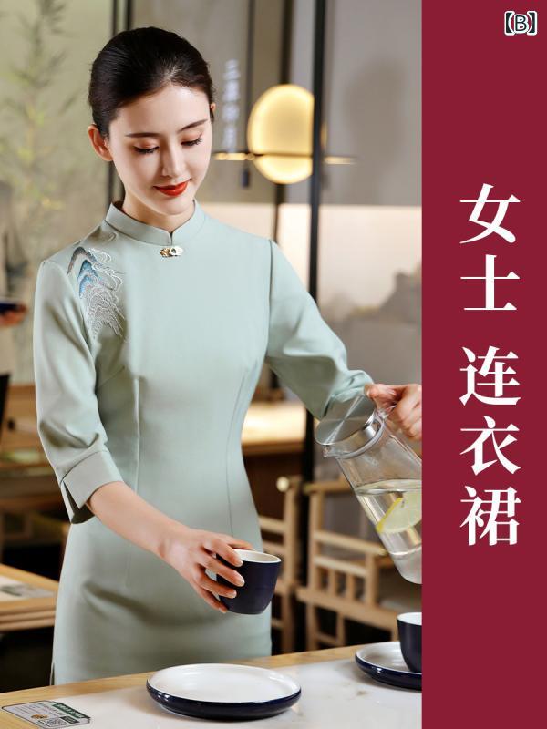 リバーパディの女性用 短袖 中華風 夏用 ホテル レストラン 茶室 スタッフ 制服 ユニフォーム 軽量 吸湿速乾 通勤 普段使い｜アングル2