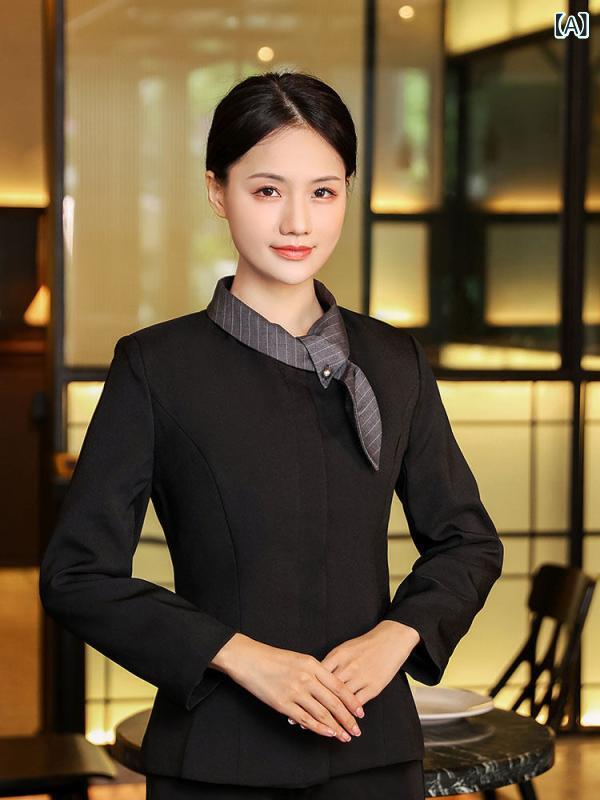 制服 女性用 長袖 秋冬 中華 レストラン サービス 茶楼 火鍋店 前台 セット ユニフォーム スタッフ ウェア 暖か 素材 通勤 普段使い