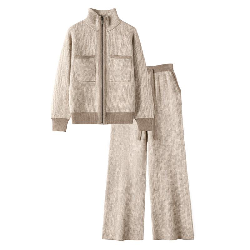 Coat - レディース ニット カーディガン 春 厚手 開襟 ジッパー ロング コート ゆったり ワイドレッグパンツ カジュアル 日常使い 2ピースセット 高級感 ソフト
