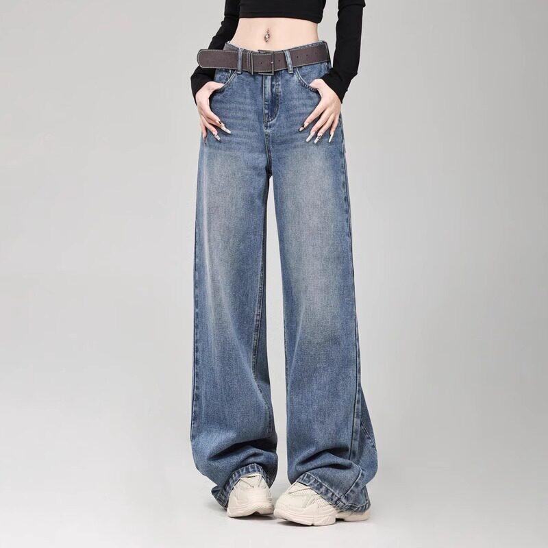 レディース デニムパンツ ワイドレッグ ストレート ロング丈 レトロ アメリカンスタイル ビッグサイズ ぽっちゃり対応 洋梨型ボディ 春夏 カジュアル ストレッチ コットン混