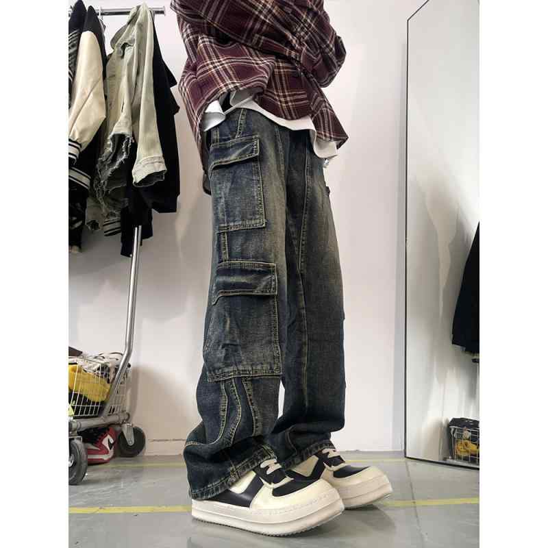 メンズ デニムパンツ 多ポケット ワークスタイル ストレート ワイドレッグ フィッ...